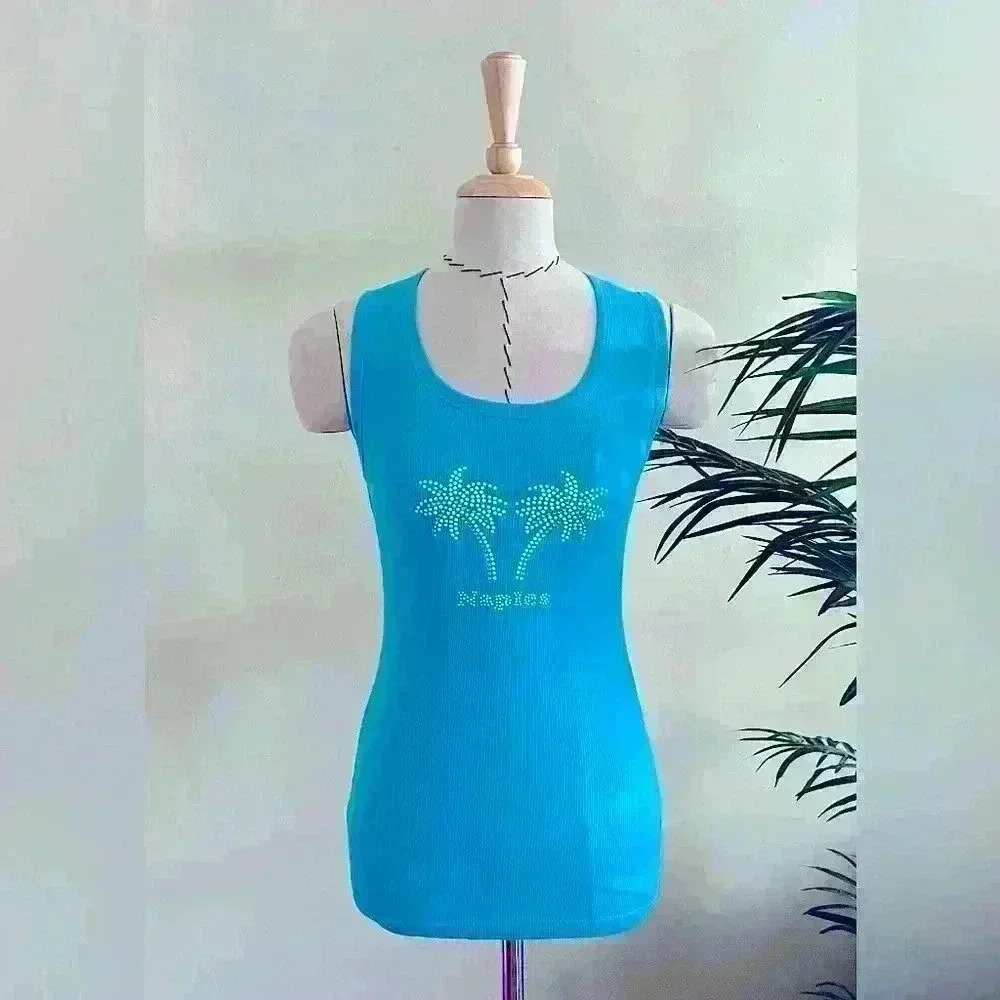 Blue  100% Cotton Tank Top with Palm Tree Rhinestone Design Naples - Size S